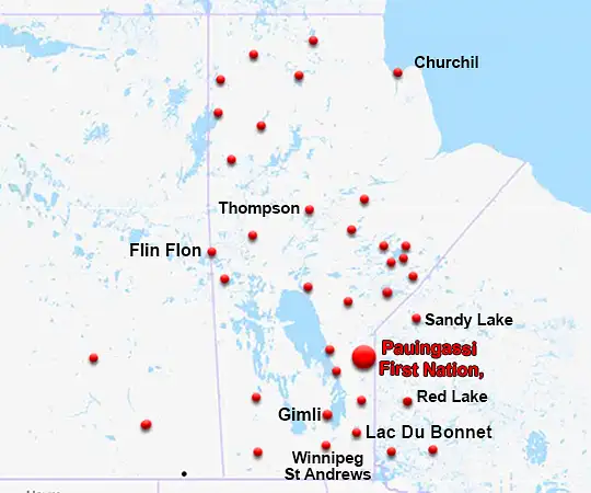 Map showing the location of Pauingassi in Manitoba